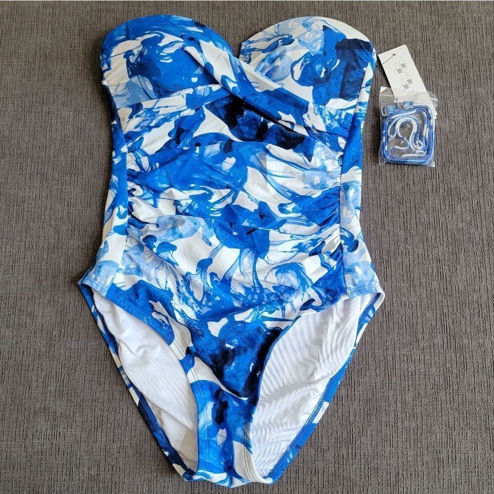 CALVIN KLEIN Women's Blue & White Split Cup Bandeau One-Piece Swimsuit …